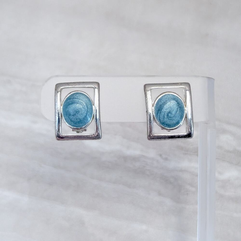 Vintage Clip On Earrings Silver Tone Rectangle with Swirly Turquoise Tone Enamel